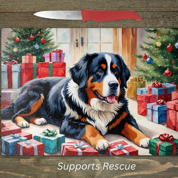 Christmas Bernese Mountain Dog Kitchen Tempered Glass Cutting Board or Trivet - Picture 1 of 1
